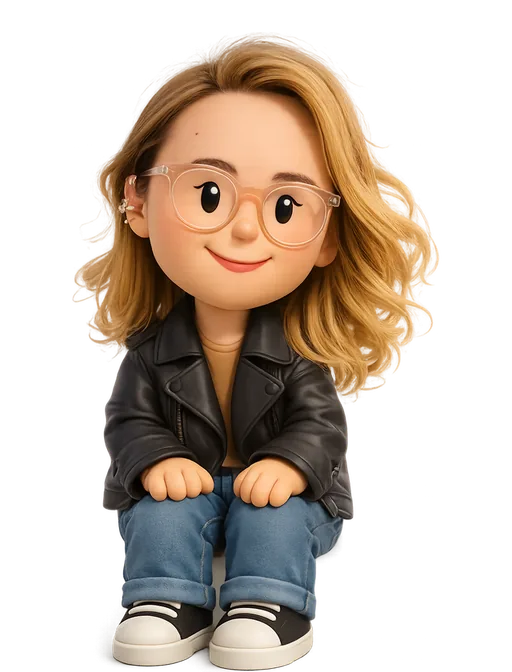 Charlota Blunarova drawn as a chunky cartoon kid on the Backyard Designers bench