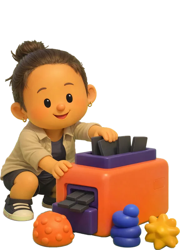 Ana Moreno drawn as a chunky cartoon kid mid-play in the Backyard Designers yard
