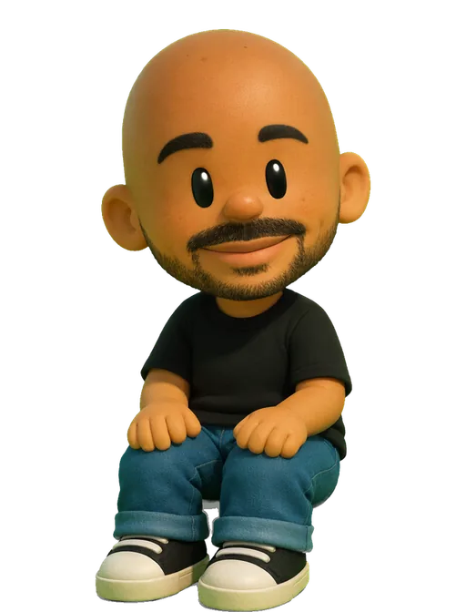 Joel Miller drawn as a chunky cartoon kid on the Backyard Designers bench