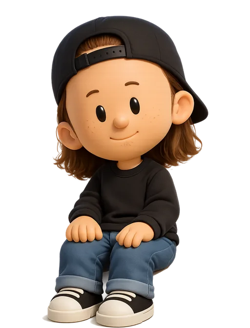 Adam Whitcroft drawn as a chunky cartoon kid on the Backyard Designers bench