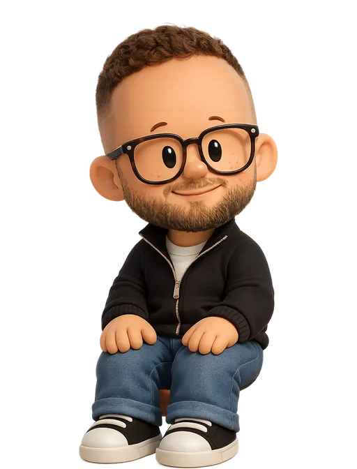 Adrian Kuleszo drawn as a chunky cartoon kid on the Backyard Designers bench