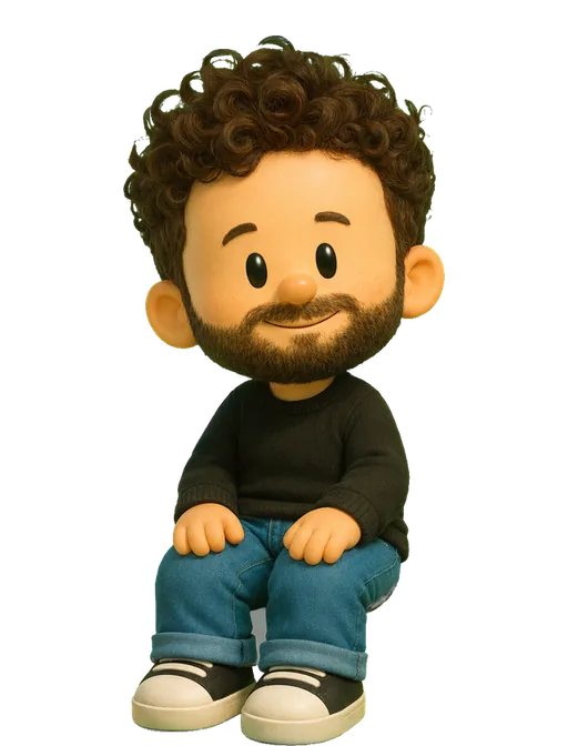 Adrián Mato drawn as a chunky cartoon kid on the Backyard Designers bench