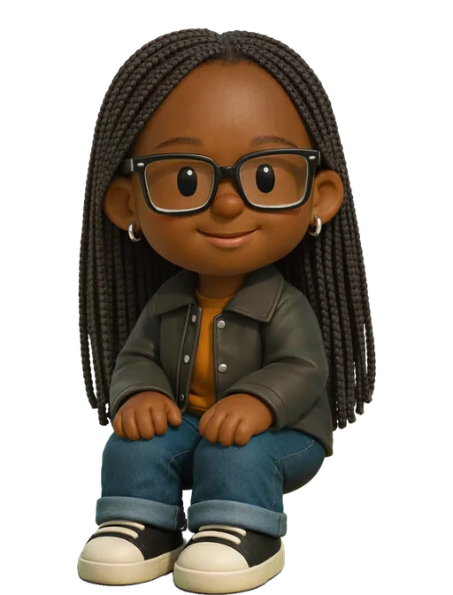 Adanna O. drawn as a chunky cartoon kid on the Backyard Designers bench