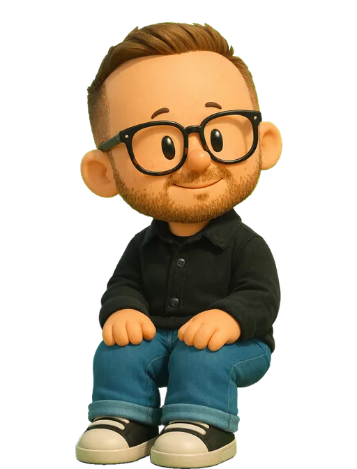 Alex Aperios drawn as a chunky cartoon kid on the Backyard Designers bench