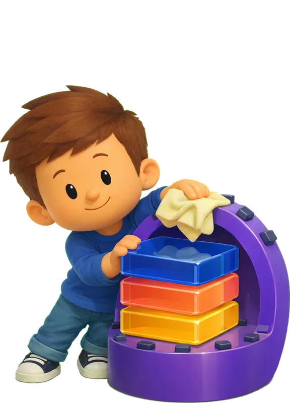 Alex Vanderzon drawn as a chunky cartoon kid mid-play in the Backyard Designers yard