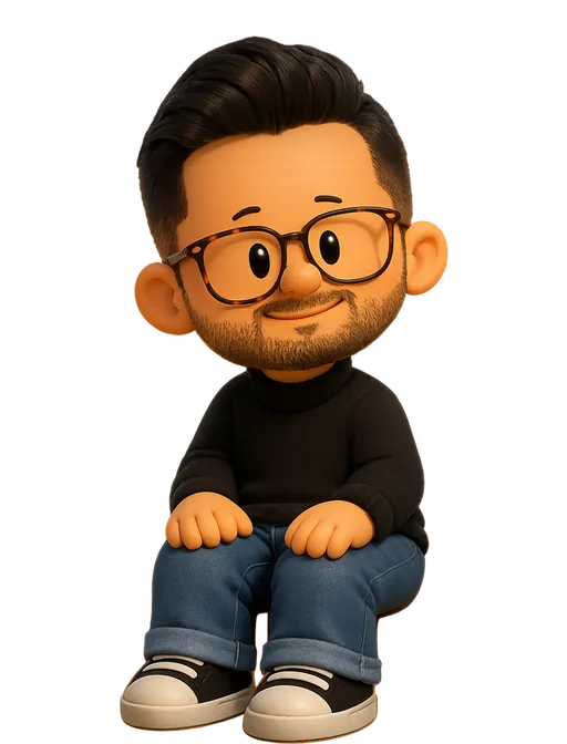 Alvish Baldha drawn as a chunky cartoon kid on the Backyard Designers bench