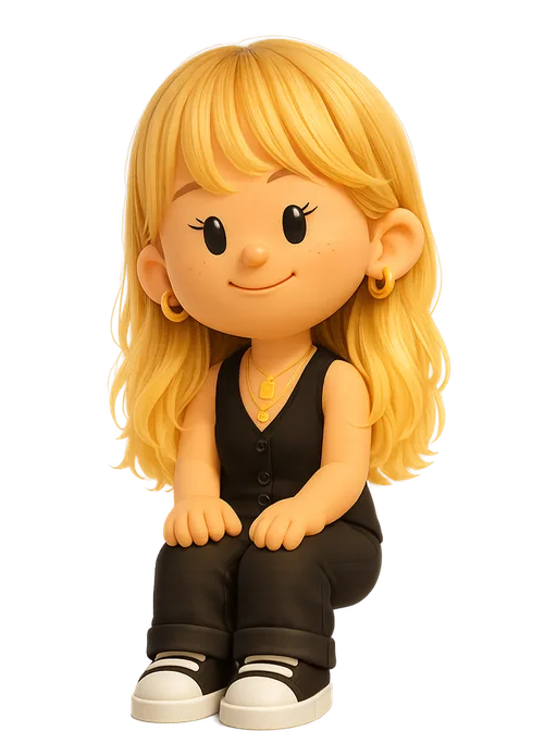 Amy Hood drawn as a chunky cartoon kid on the Backyard Designers bench