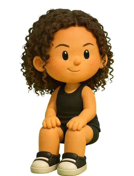 Amy Lima drawn as a chunky cartoon kid on the Backyard Designers bench