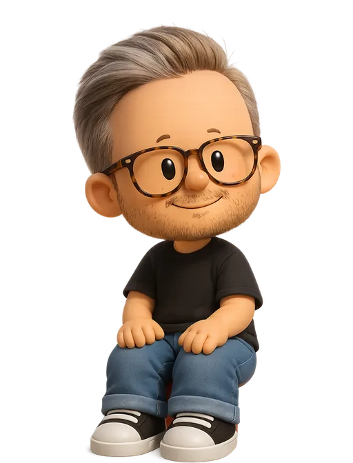 Andy Orsow drawn as a chunky cartoon kid on the Backyard Designers bench