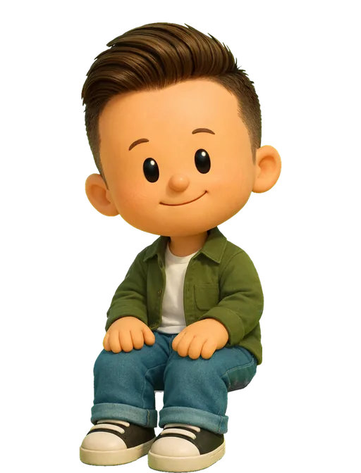 Anthony Menecola drawn as a chunky cartoon kid on the Backyard Designers bench