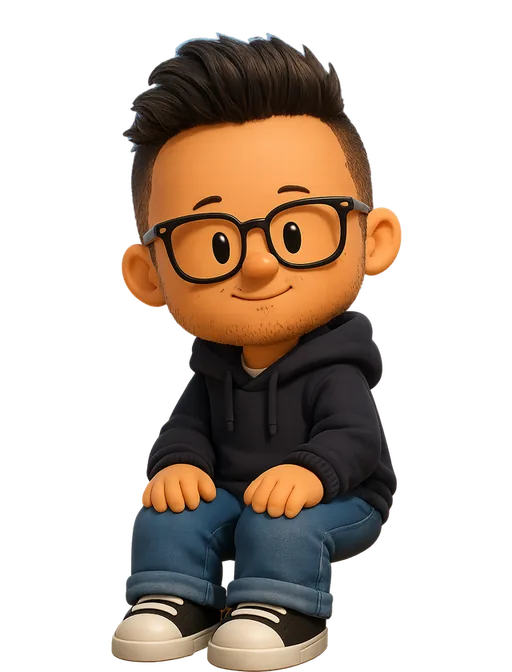 Phi Hoang drawn as a chunky cartoon kid on the Backyard Designers bench
