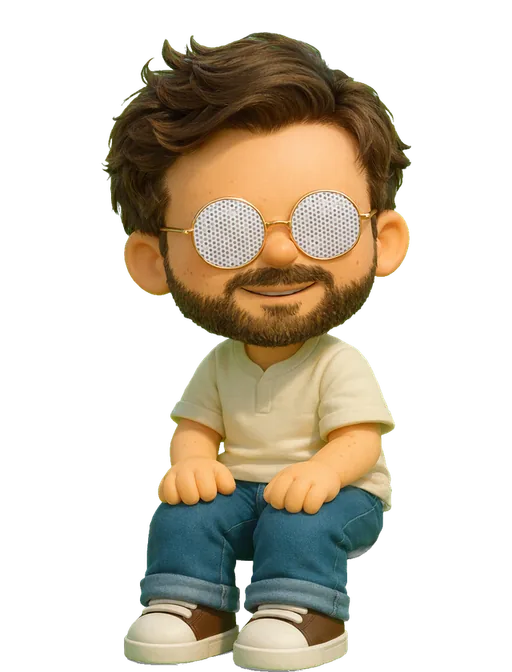 Andy Allen drawn as a chunky cartoon kid on the Backyard Designers bench
