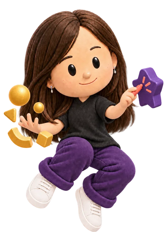 Rebekah Farr drawn as a chunky cartoon kid mid-play in the Backyard Designers yard