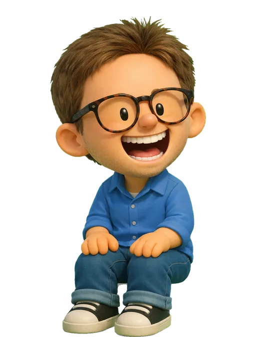 Beni Issen drawn as a chunky cartoon kid on the Backyard Designers bench