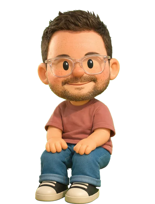 Ben Fryc drawn as a chunky cartoon kid on the Backyard Designers bench