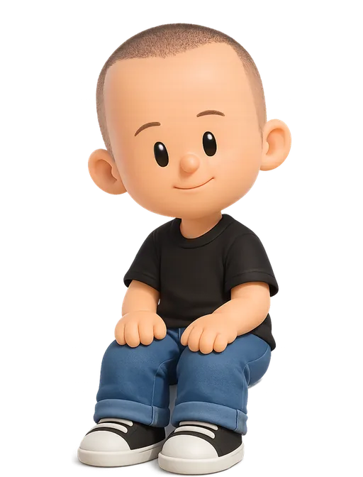 Benji Taylor drawn as a chunky cartoon kid on the Backyard Designers bench