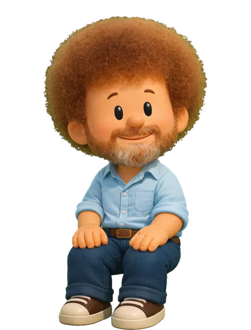 Bob Ross drawn as a chunky cartoon kid on the Backyard Designers bench