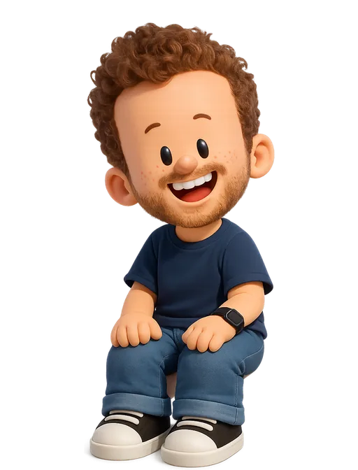 Brian Lovin drawn as a chunky cartoon kid on the Backyard Designers bench