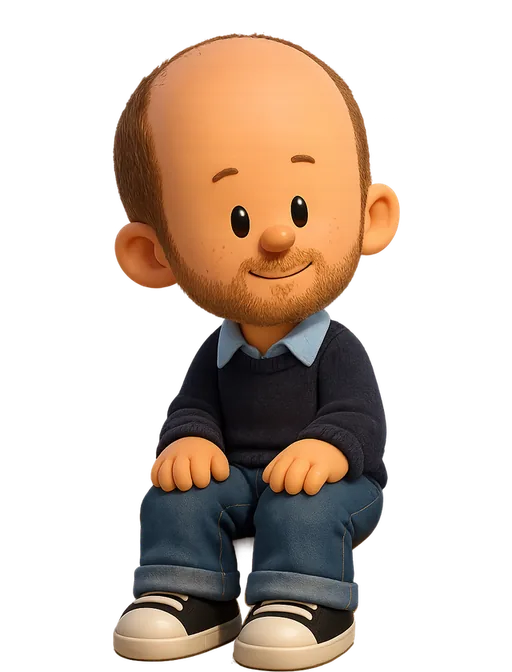 Charlie Deets drawn as a chunky cartoon kid on the Backyard Designers bench