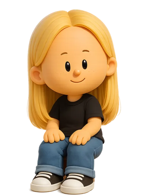 Christine Røde drawn as a chunky cartoon kid on the Backyard Designers bench