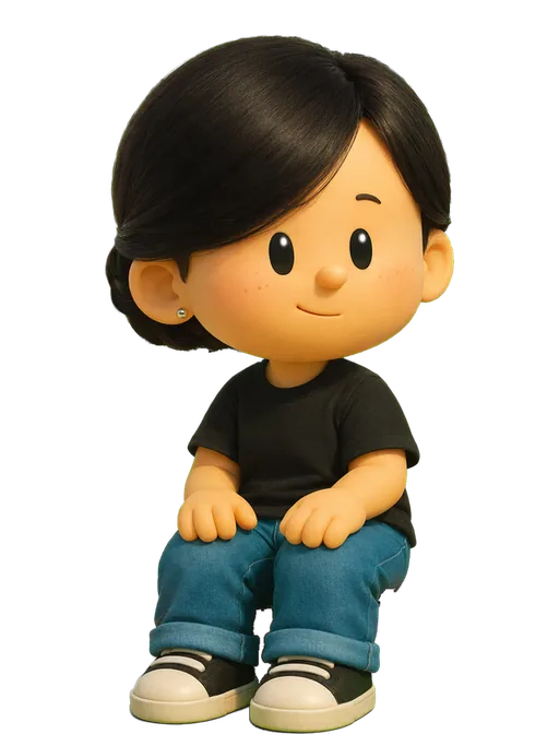 Tatiana Tsiguleva drawn as a chunky cartoon kid on the Backyard Designers bench