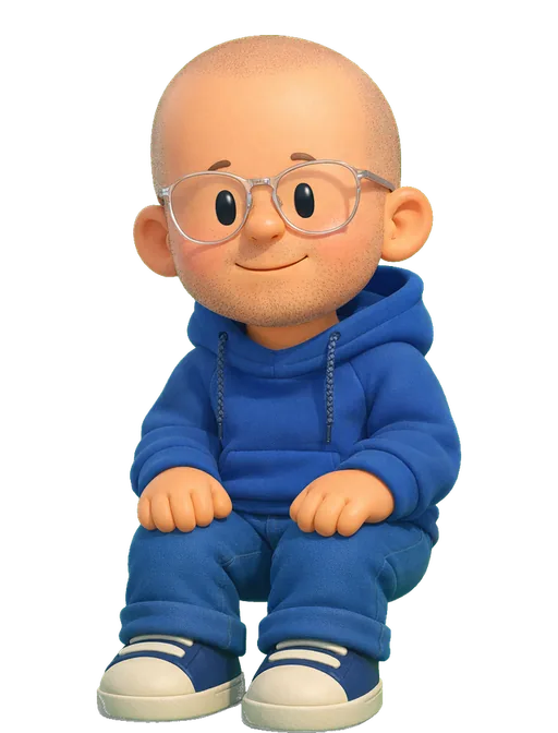 Claudio Guglieri drawn as a chunky cartoon kid on the Backyard Designers bench