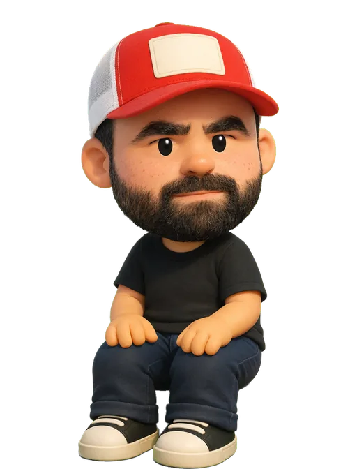 Claudio Angrigiani drawn as a chunky cartoon kid on the Backyard Designers bench