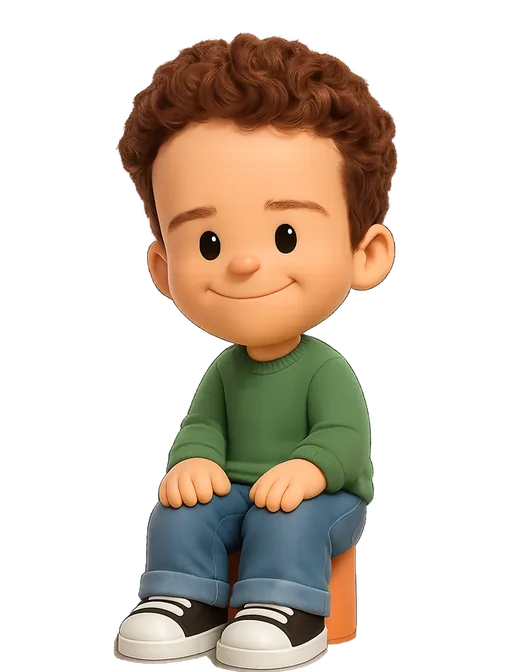 Dan Hollick drawn as a chunky cartoon kid on the Backyard Designers bench