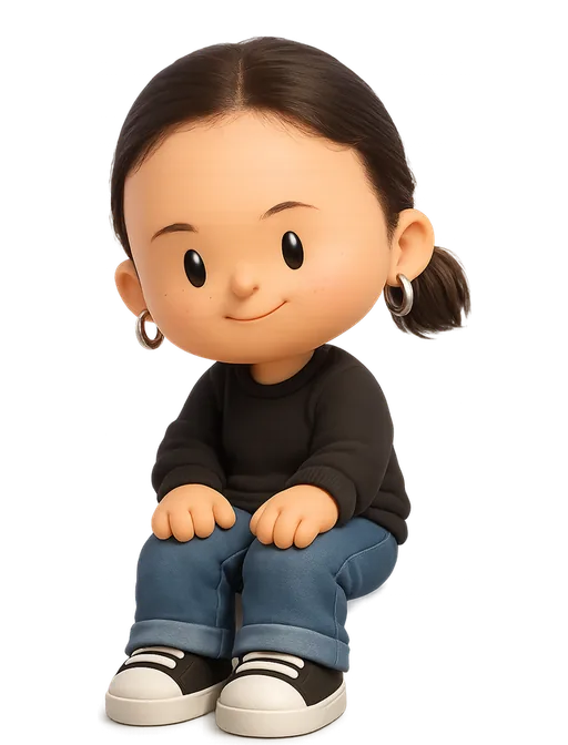 Daniela Muntyan drawn as a chunky cartoon kid on the Backyard Designers bench
