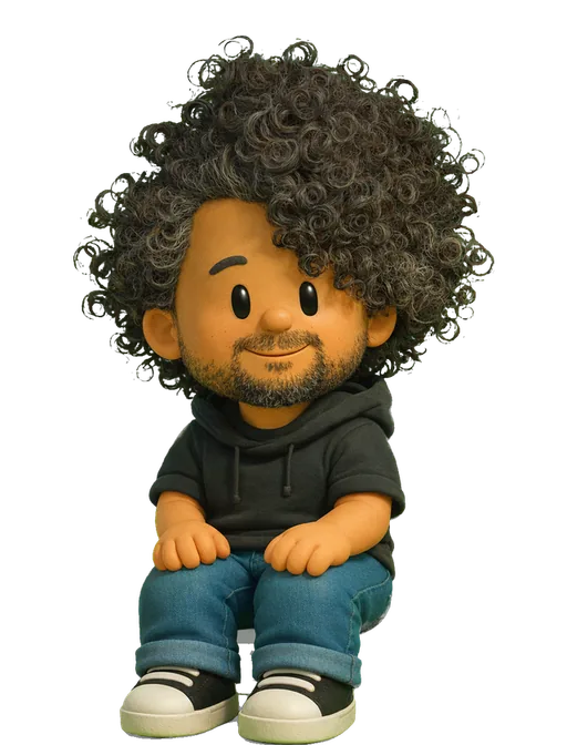 Dan Mall drawn as a chunky cartoon kid on the Backyard Designers bench