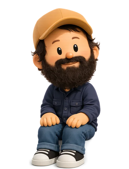Dann Petty drawn as a chunky cartoon kid on the Backyard Designers bench