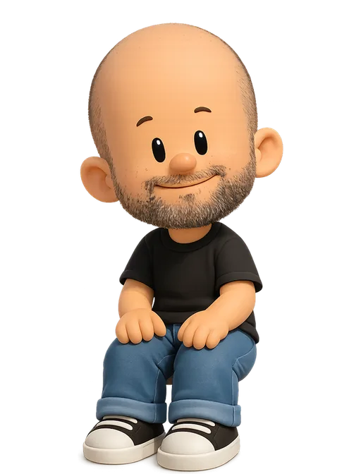 Darrin Henein drawn as a chunky cartoon kid on the Backyard Designers bench