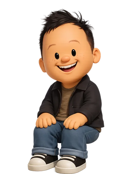 David Hoang drawn as a chunky cartoon kid on the Backyard Designers bench