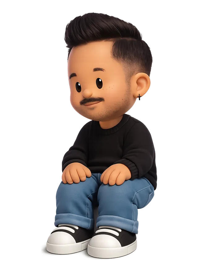 Tommy Geoco drawn as a chunky cartoon kid on the Backyard Designers bench
