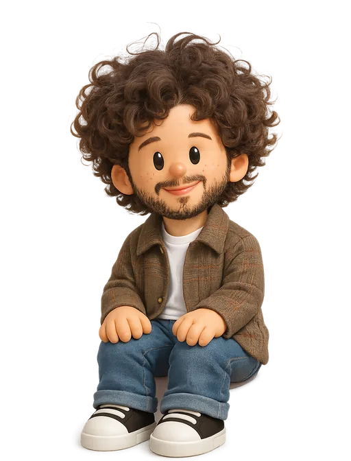Diego Zaks drawn as a chunky cartoon kid on the Backyard Designers bench