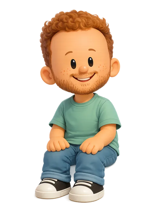 Luis Ouriach drawn as a chunky cartoon kid on the Backyard Designers bench
