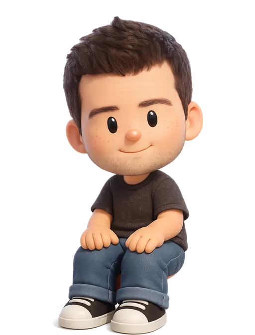 Drew Wilson drawn as a chunky cartoon kid on the Backyard Designers bench