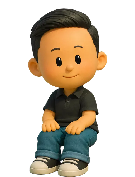 Danny Trinh drawn as a chunky cartoon kid on the Backyard Designers bench