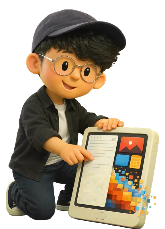 Eddie Jiao drawn as a chunky cartoon kid mid-play in the Backyard Designers yard