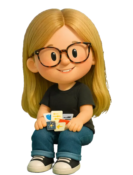 Emily Campbell drawn as a chunky cartoon kid on the Backyard Designers bench