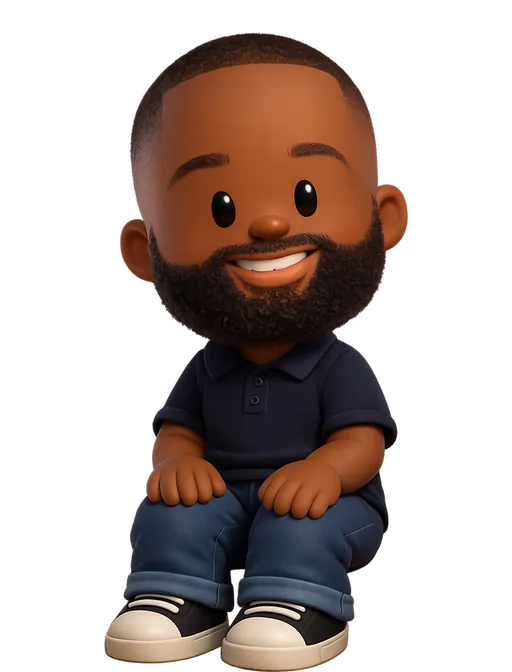 Jared Erondu drawn as a chunky cartoon kid on the Backyard Designers bench