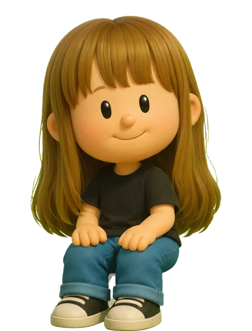 Eve Bouffard drawn as a chunky cartoon kid on the Backyard Designers bench