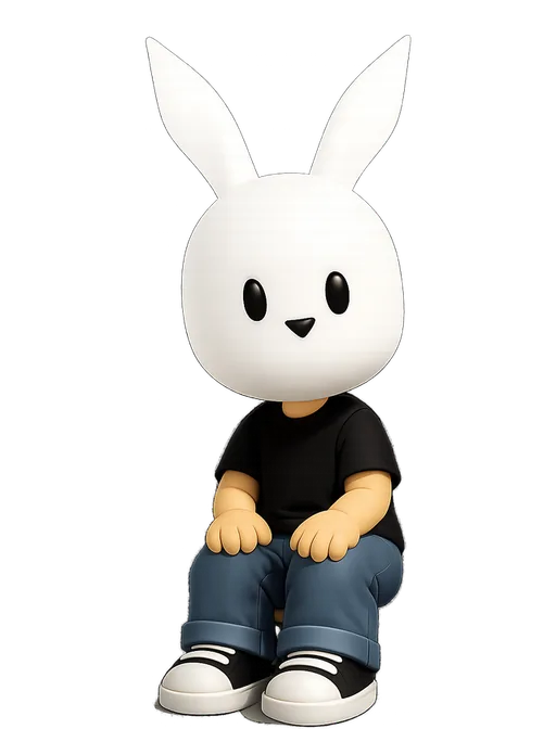 Evil Rabbit drawn as a chunky cartoon kid on the Backyard Designers bench