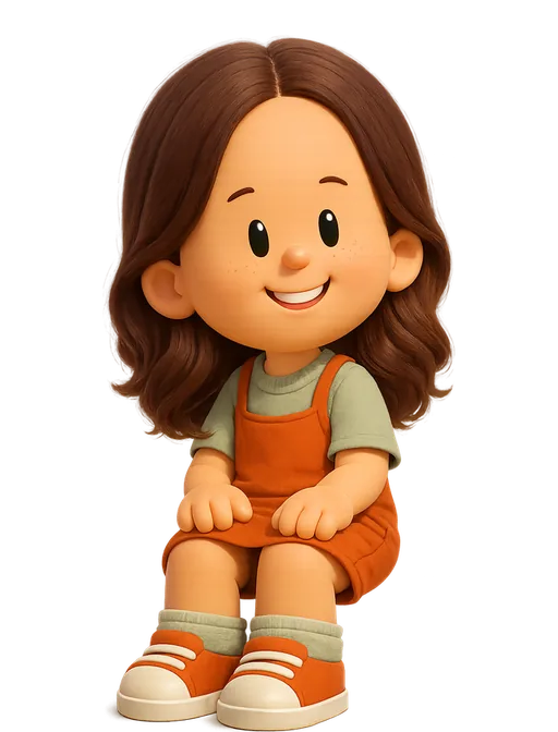 Femke van Schoonhoven drawn as a chunky cartoon kid on the Backyard Designers bench