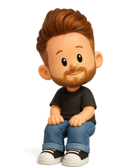 Michael Flarup drawn as a chunky cartoon kid on the Backyard Designers bench