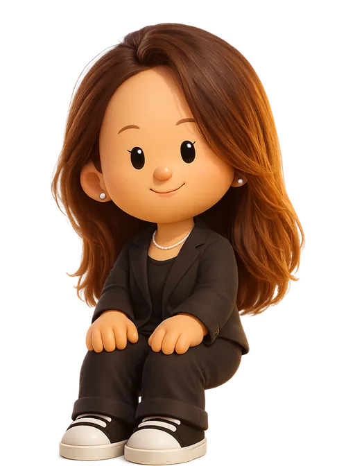 Flora Guo drawn as a chunky cartoon kid on the Backyard Designers bench