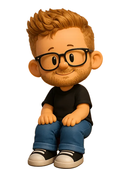 Fons Mans drawn as a chunky cartoon kid on the Backyard Designers bench