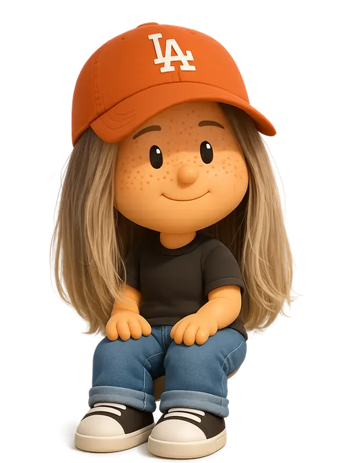 Genny Dee drawn as a chunky cartoon kid on the Backyard Designers bench