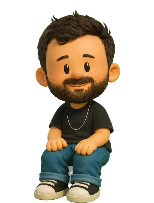 Adrien Griveau drawn as a chunky cartoon kid on the Backyard Designers bench