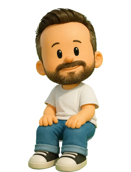Gui Seiz drawn as a chunky cartoon kid on the Backyard Designers bench